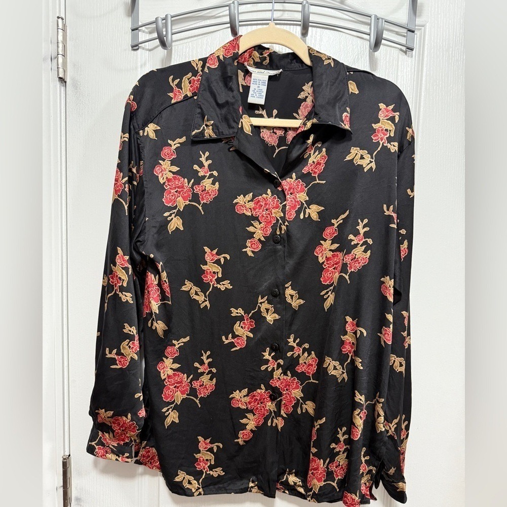 Vintage Anna & Frank 100% Pure Silk Button Down Blouse Floral Women's M Romantic